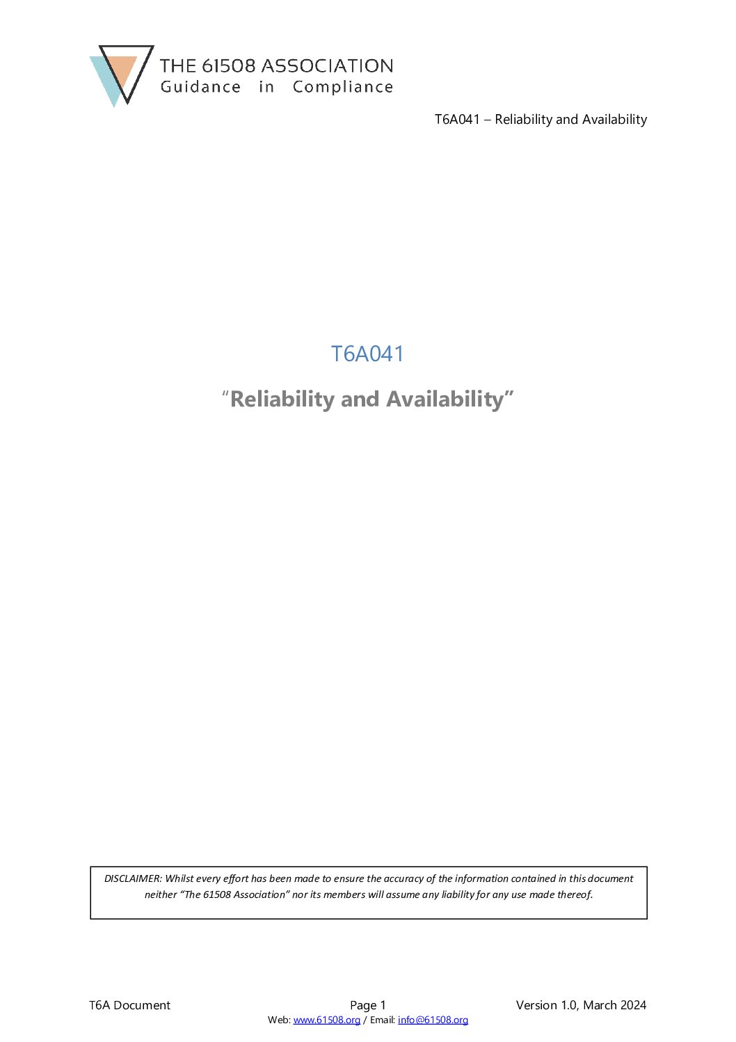 T6A041 – Reliability and Availability (2025).
